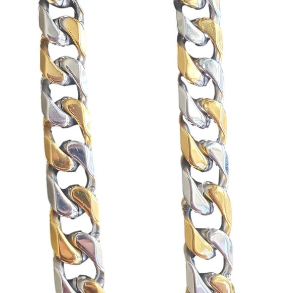 Men's Gold Plated Stainless Steel Two Toned 9mm Cuban Curb Chain & Bracelet Set - Picture 2 of 6